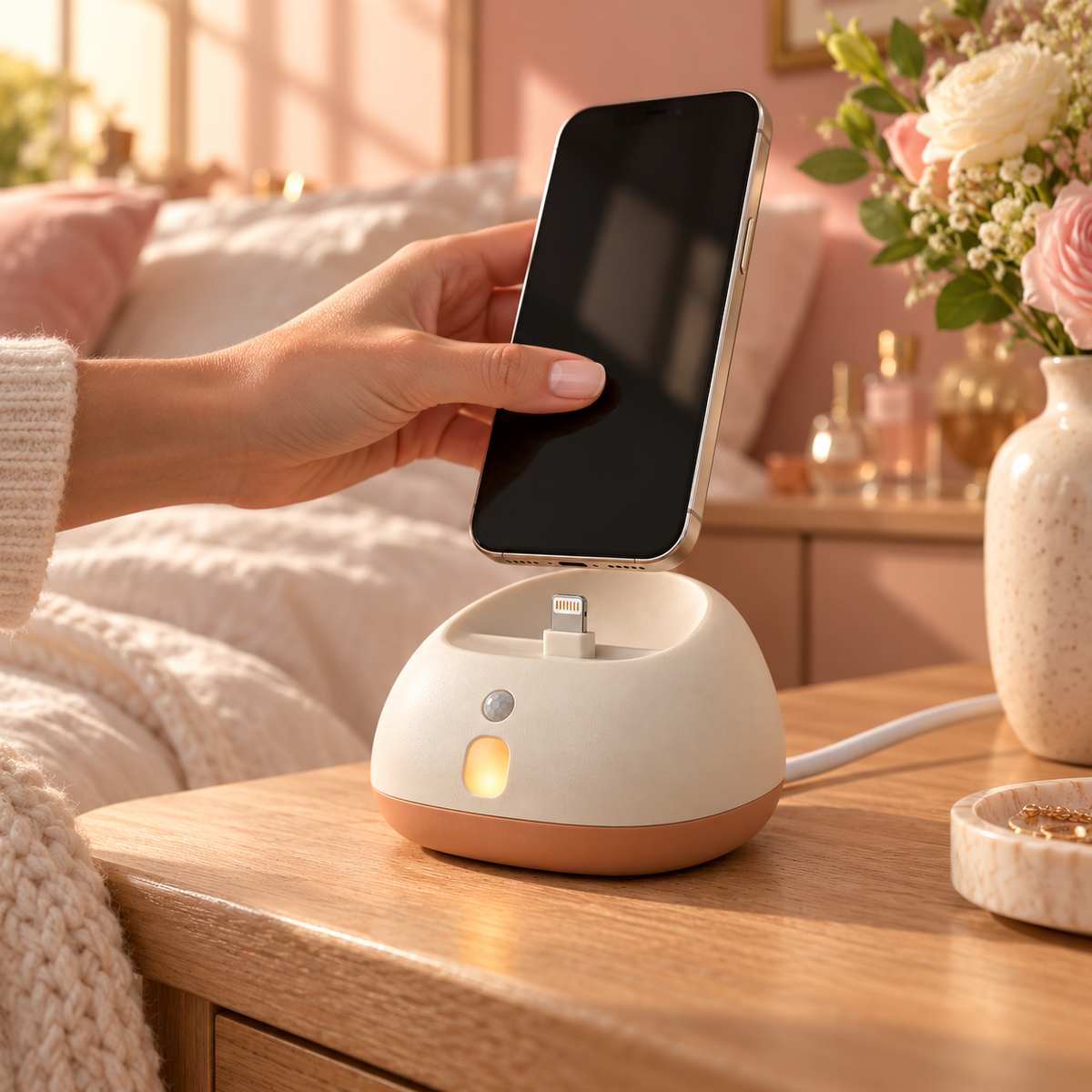Cream & Terracotta Phone Charging Dock with Motion-Sensor Night Light