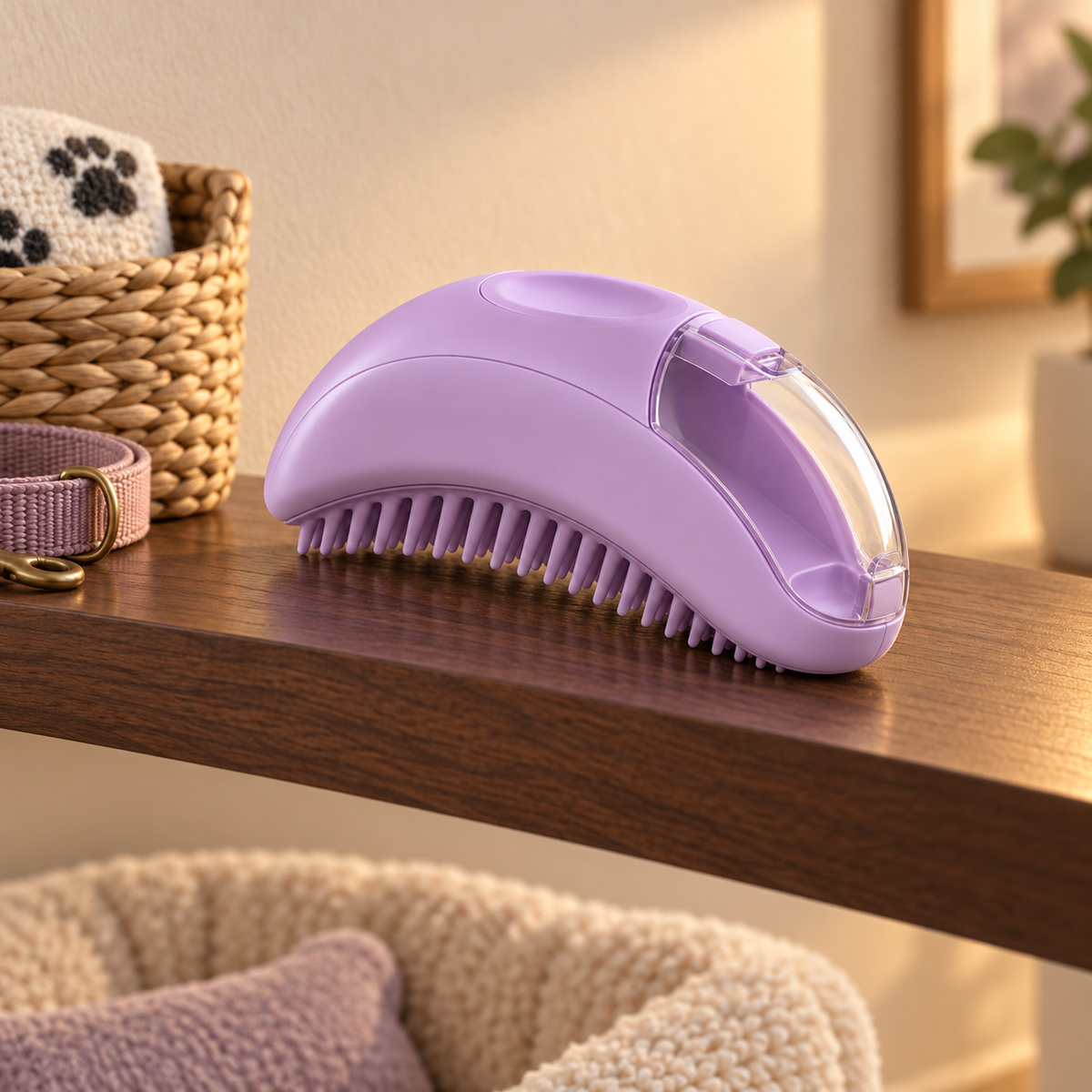 Lavender Pet Grooming Brush with Hair Collection Chamber