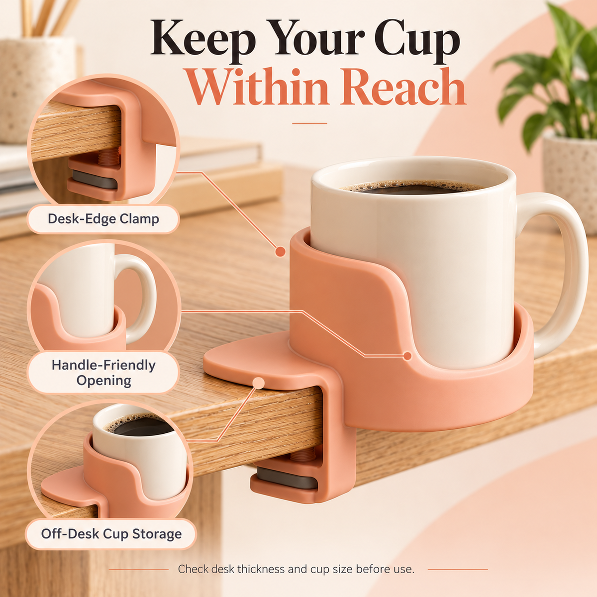 Peach Clamp-On Desk Cup Holder
