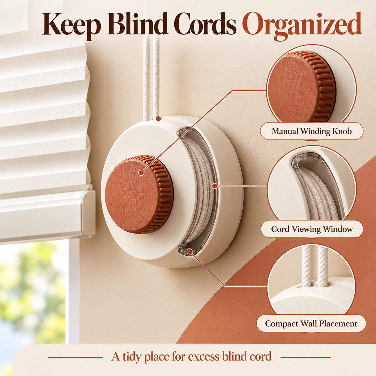 Cream & Terracotta Wall-Mounted Blind Cord Organizer