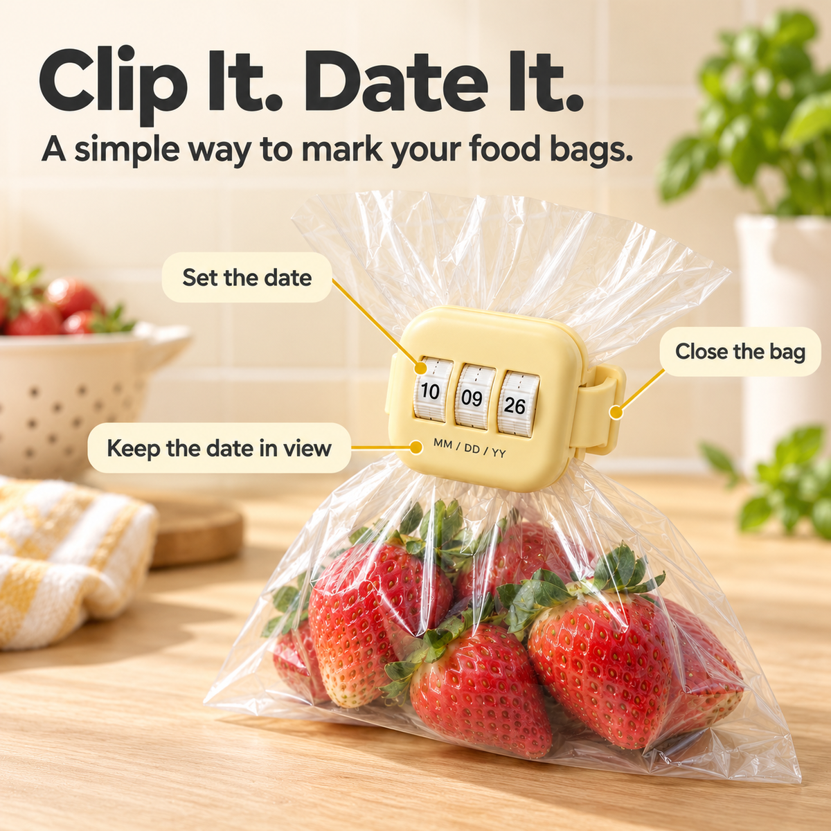 Butter Yellow Food Bag Clip with Date Tracker
